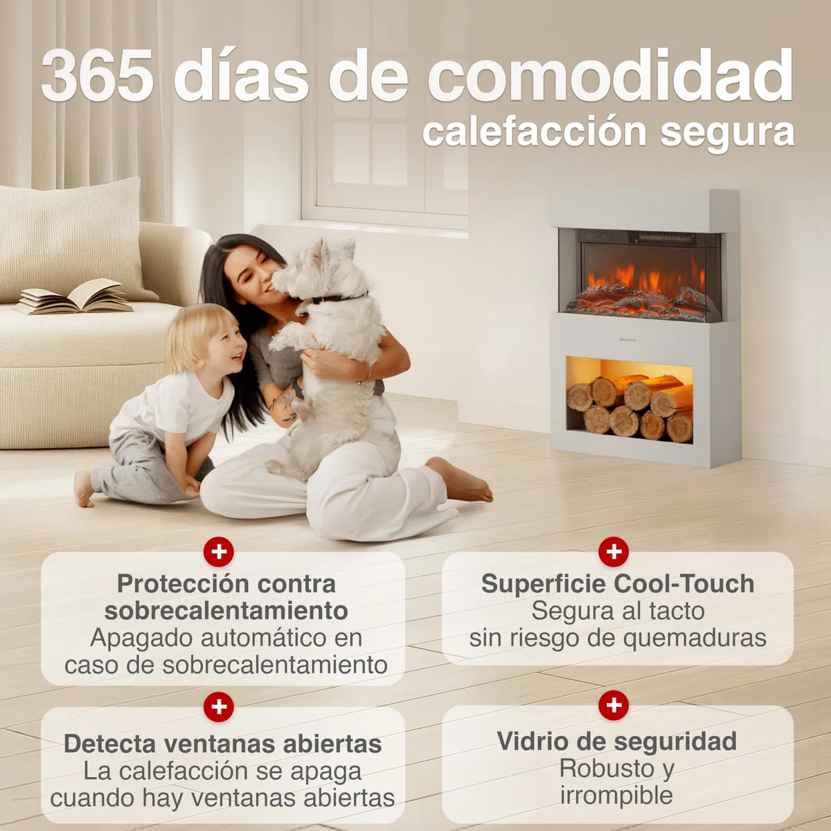 KAMINIO Eléctrica Chimenea Henri - Estufa de Chimenea eléctrica con calefacción, Efecto Llama 3D, LED, Control Remoto Blanco