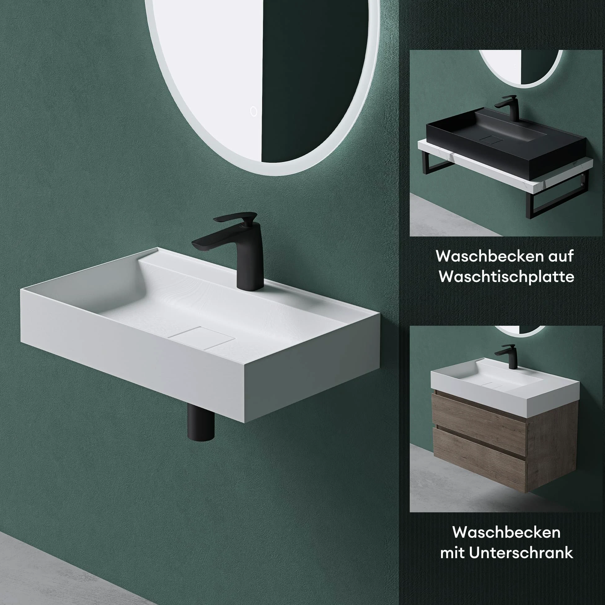 Mai & Mai Lavabo sobre Encimera Rectangular de Baño, Mármol Fundido, Blanco Mate, 50x38x12 cm, con Orificio para Grifo y Válvula de Desagüe – Colossum630