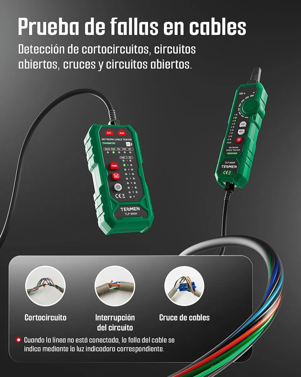 TESMEN TLP-900AR Comprobador de cables de red, RJ11 RJ45, para CAT5/6/POE/STP, con emparejamiento, Continuidad, QC&NCV, apto para Ethernet, Teléfono, mantenimiento y clasificación de cables -verde