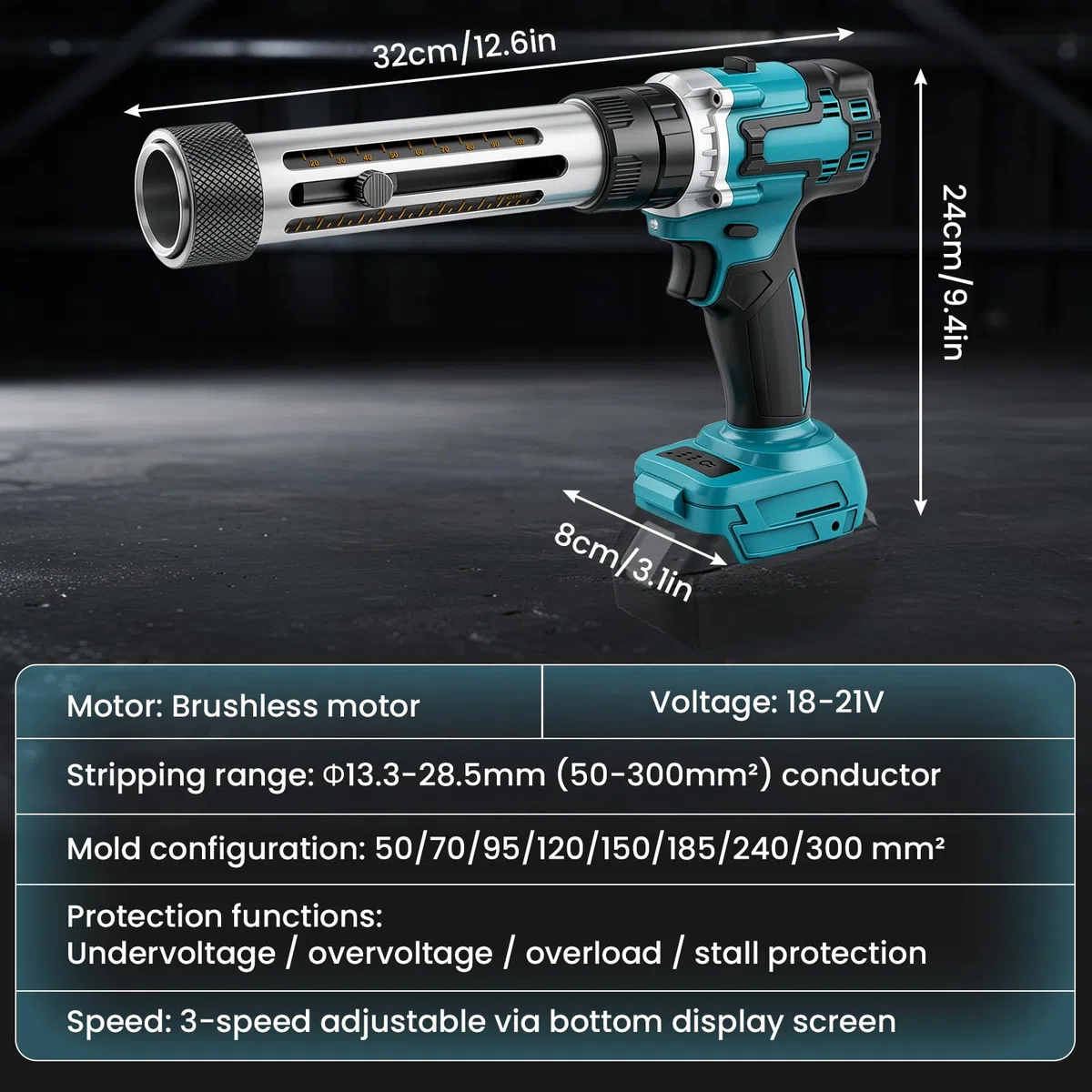 Máquina Pelacables Eléctrica Compatible con Batería Makita 18V (Batería No Incluida), Pelacables Automático para Cables de Cobre de 50-300 mm², Herramienta Portátil para Pelado de Cables