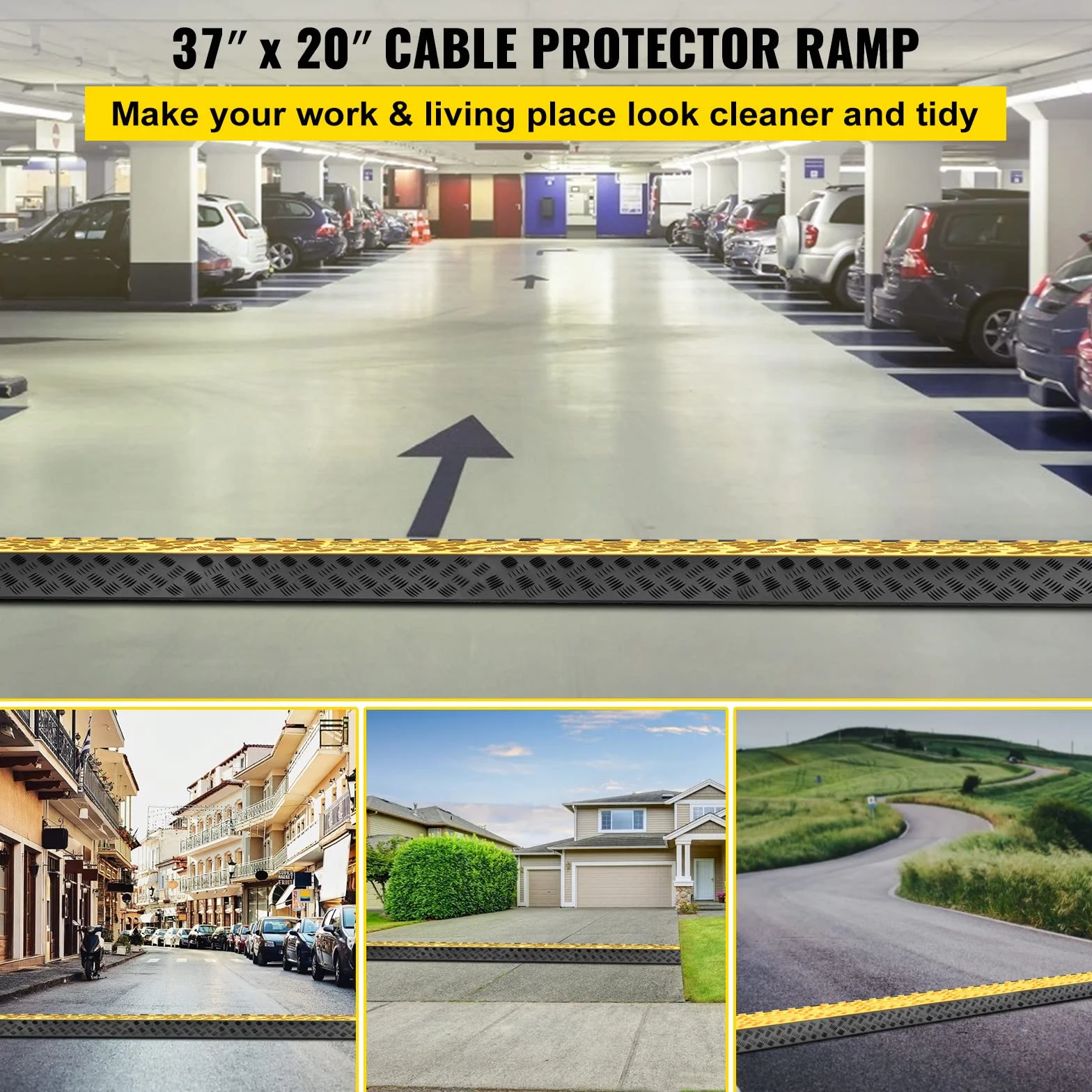 VEVOR Rampa de Protector de Cable 3 Canales Capacidad de Carga 22,046-44,092 Libras Pasacables Suelo 93x49x6.8cm El Reductor de Velocidad para Protección de Cables Eléctricos