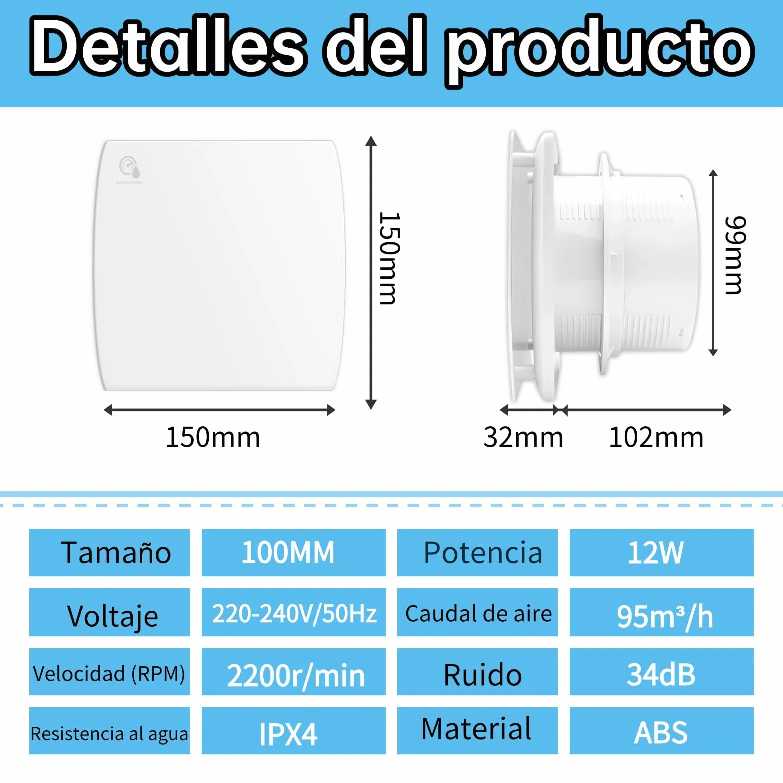 100 mm Ventilador Extractor de Baño con Sensor de Humedad y Temporizador Ventilador Silencioso ≤34 dB, Válvula Antirretorno, 95 m³/h Montaje en Pared,Techo o Ventana para Baño,Cocina,Inodoro