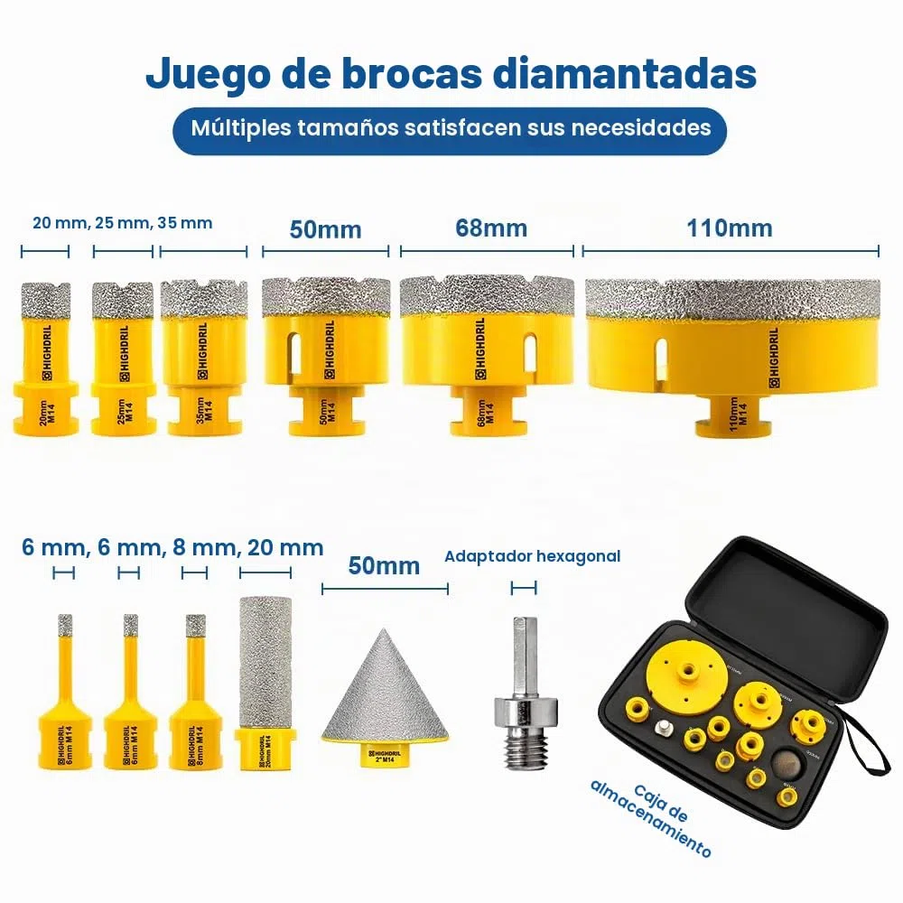 HIGHDRIL Juego Brocas de Diamante 12Piezas-6/6/8/20/25/35/50/68/110mm Taladro+50mm Broca de Chaflán+20mm Broca Dedo+Adaptador Brocas para Porcelana Baldosas de Cerámica Granito Mármol Granito