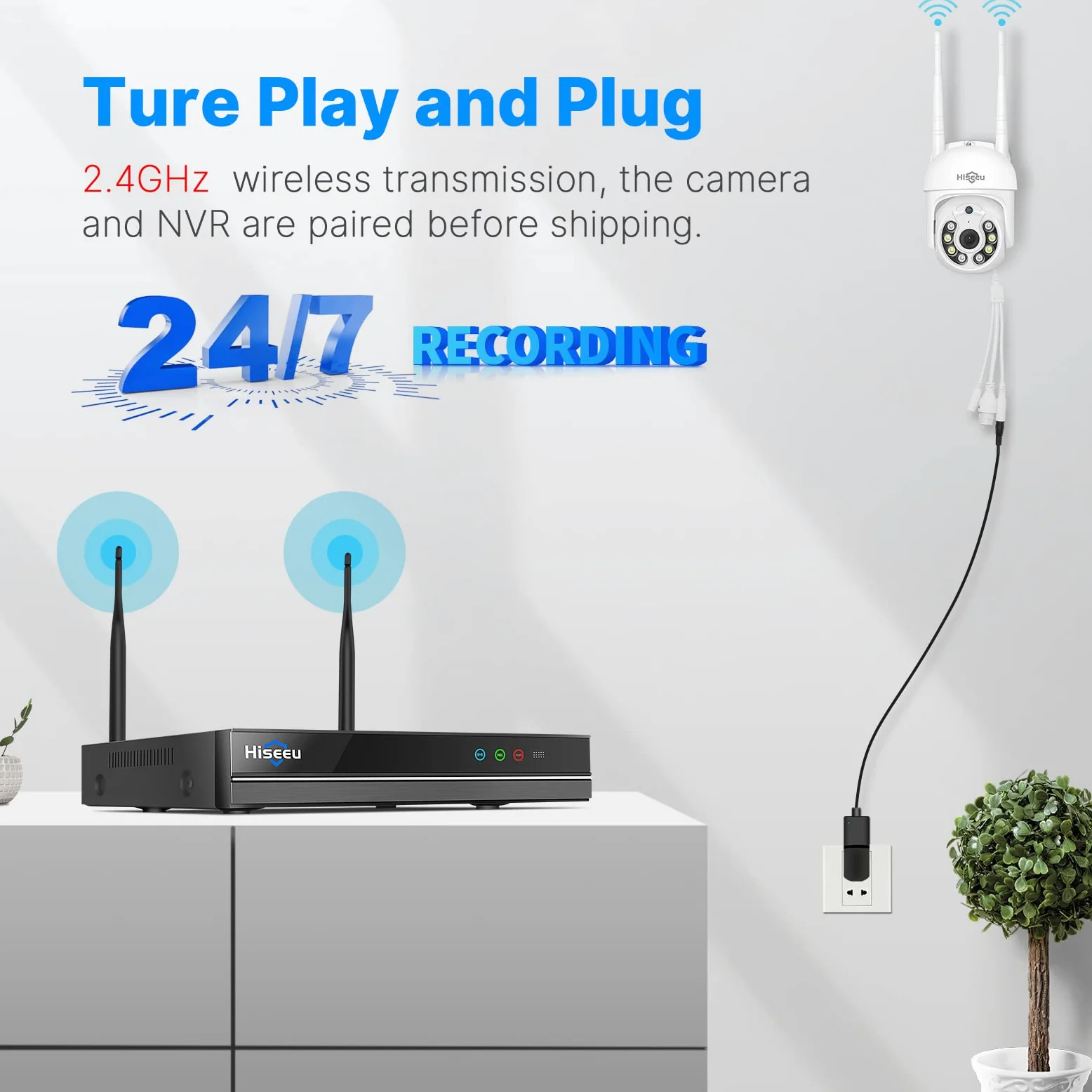 Hiseeu 5MP Kit Camara de Vigilancia WiFi Exterior, PTZ Cámara de Seguridad, 4X Camara IP y 10CH NVR, Audio Bidireccional, Detección y Seguimiento, Visión Nocturna en Color 1TB HDD