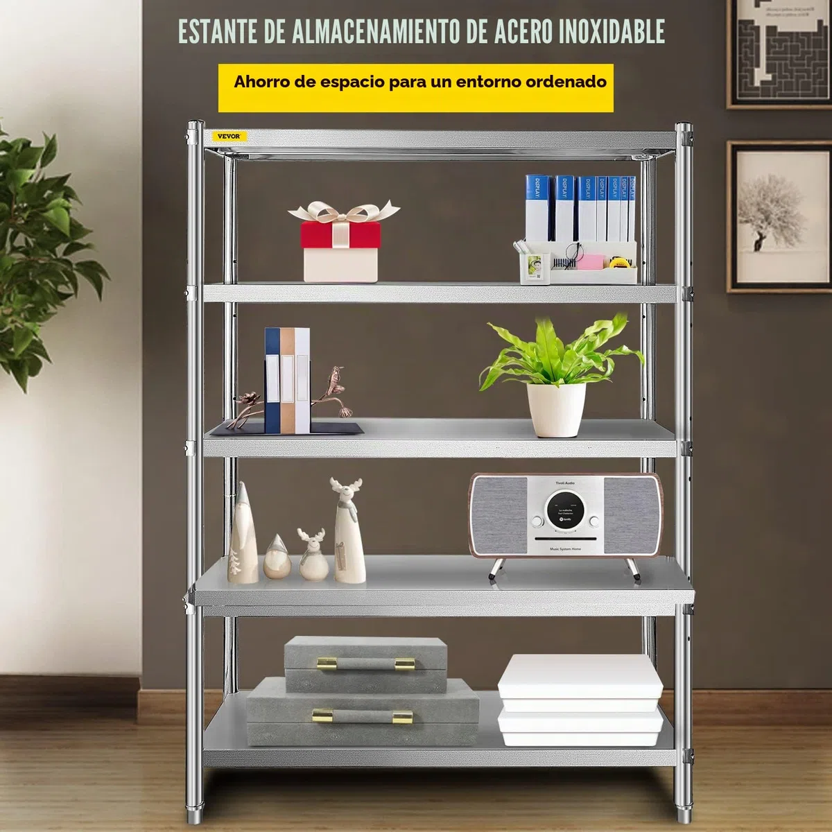 VEVOR Estantería de Acero Inoxidable de 48 x 18.5 Pulgadas, 5 Niveles Ajustables, estantería de Acero Inoxidable Resistente para Cocina, Oficina, Garaje, Almacenamiento, 330 Libras por Estante