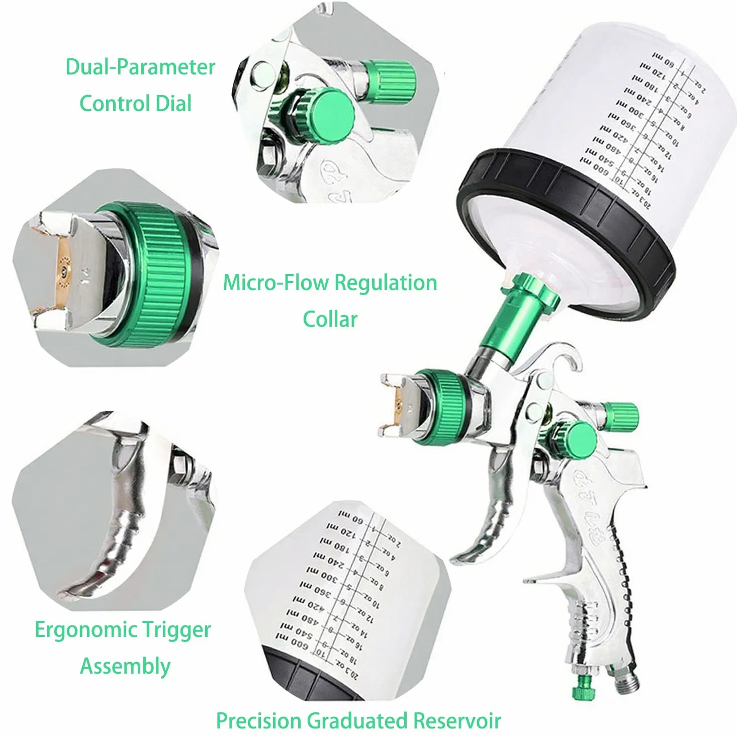 Pistola Pintura Neumática para Automóviles, Pistola para Pintar Paredes y Techos, con 10 Tazas para Mezclar, Herramienta de Pulverización Profesional, Color Verde​, 600ML