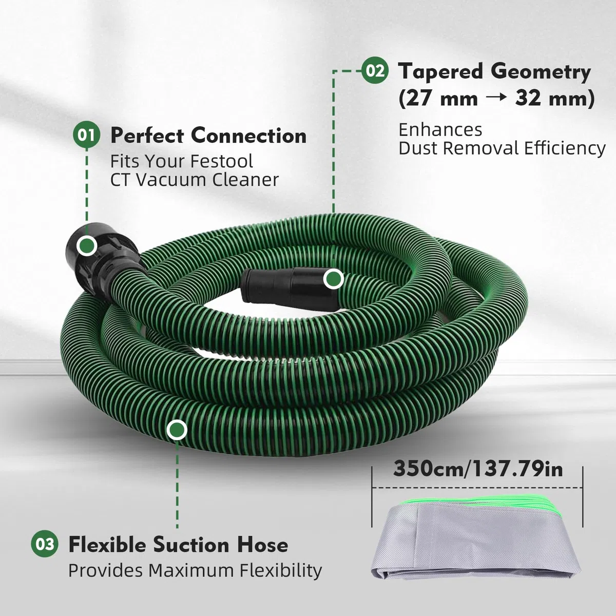 Manguera de Aspiración de Polvo de 5 m con Funda Protectora Compatible con Festool CT 26/36/48, CT 15/25, CT MINI y CT MIDI desde 2019, Manguera EVA D27 (Ø35 mm) con Funda Protectora para Lijadoras