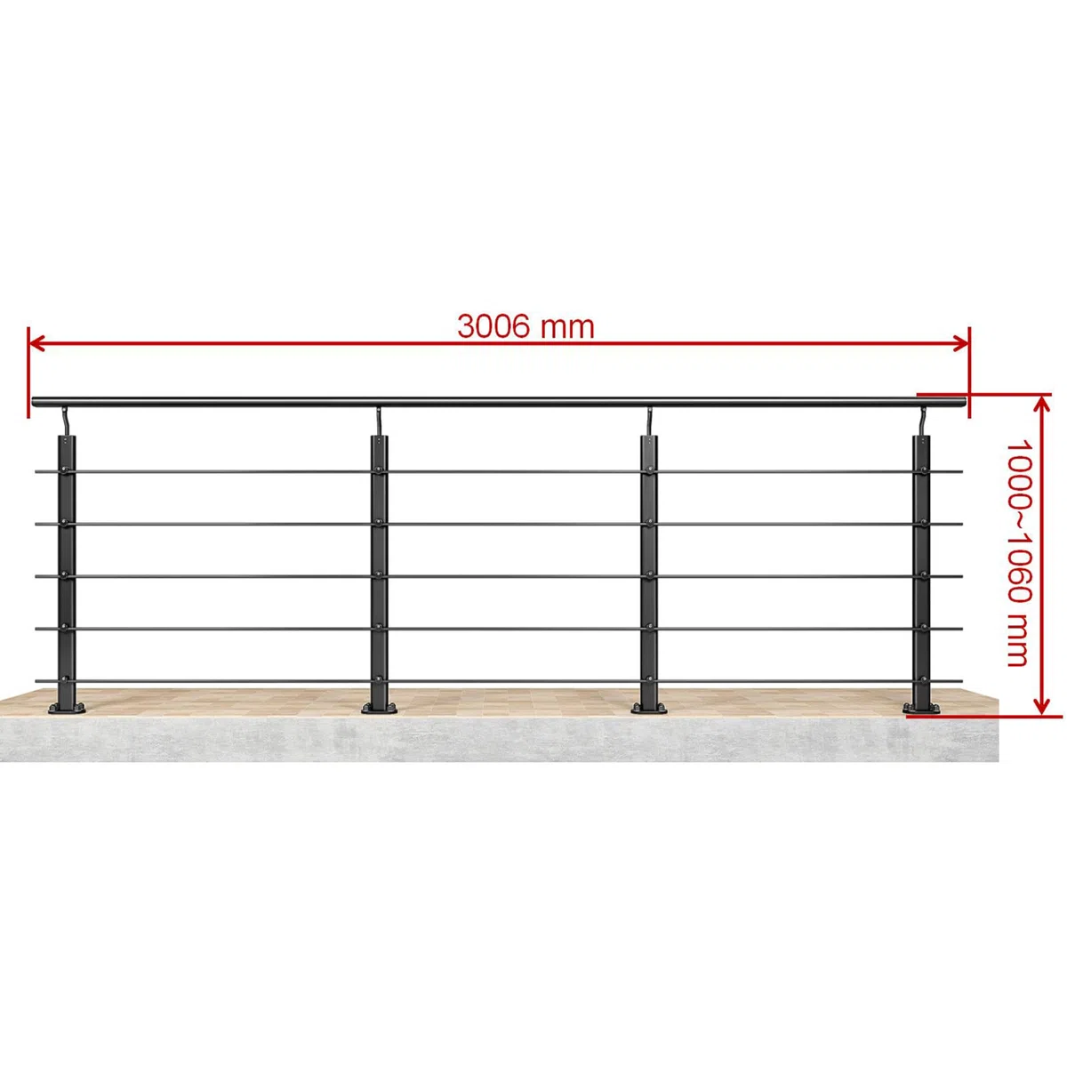 AICA 300x100cm Barandillas de aluminio, Barandilla de escalera, Ángulo de montaje ajustable, uso interior y exterior - Negro mate - fijaciones al suelo