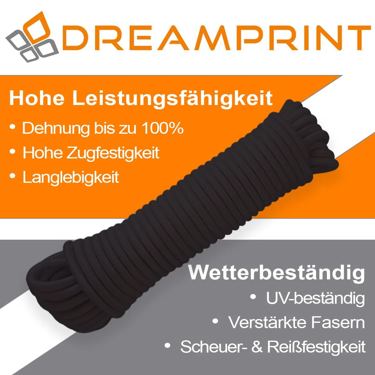 Dreamprint Cuerda elástica de 100 m, color negro, 8 mm Ø - Cuerda de goma, cuerda plana, cuerda elástica para interiores y exteriores - Resistente a la intemperie y a la rotura - Ideal para la