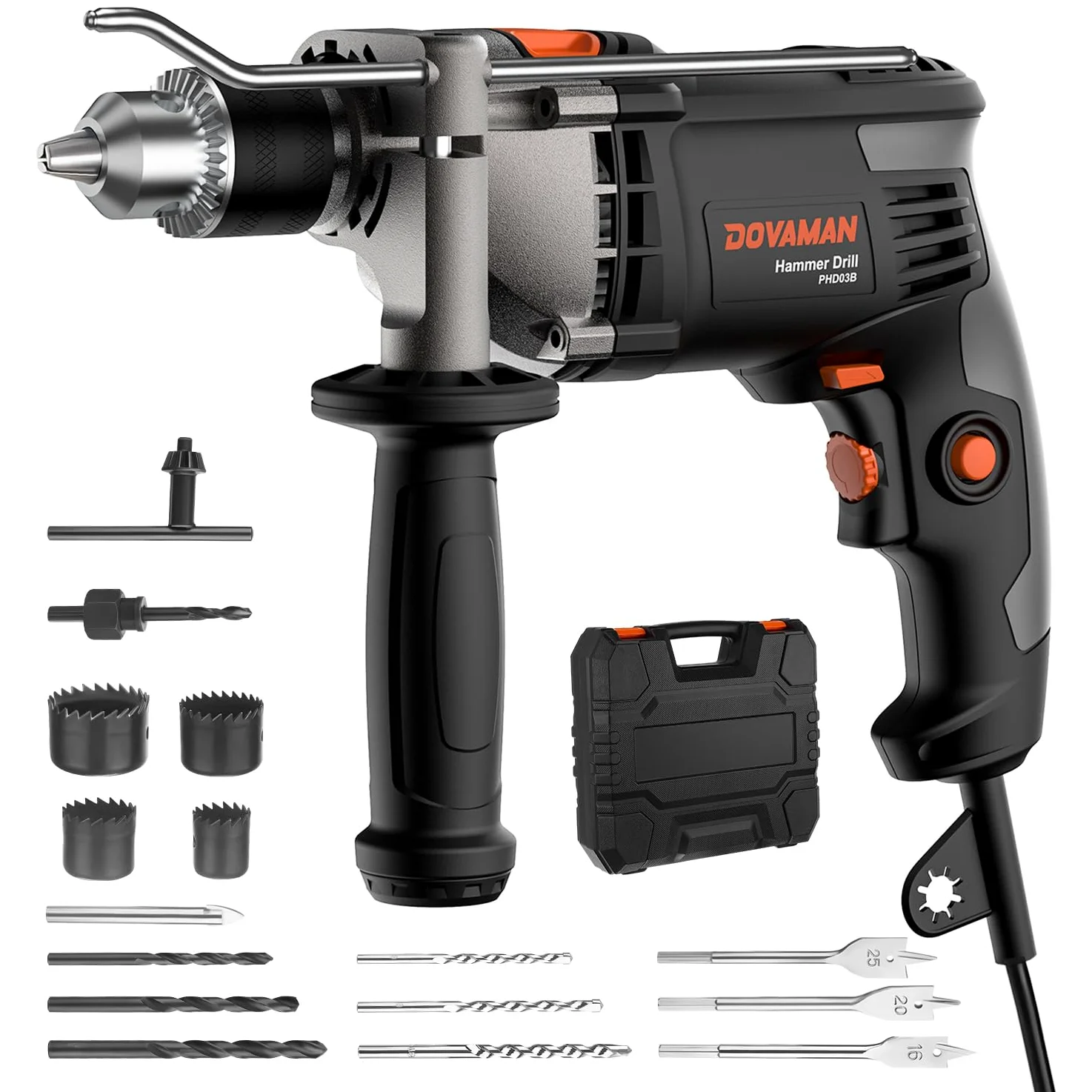 DOVAMAN Taladro Percutor Eléctrico 850W, Función 2 en 1, Mandril de 13 mm, Velocidad Ajustable 0-3000 RPM, Set de Taladro con Cable y Accesorios para Hormigón, Metal, Madera