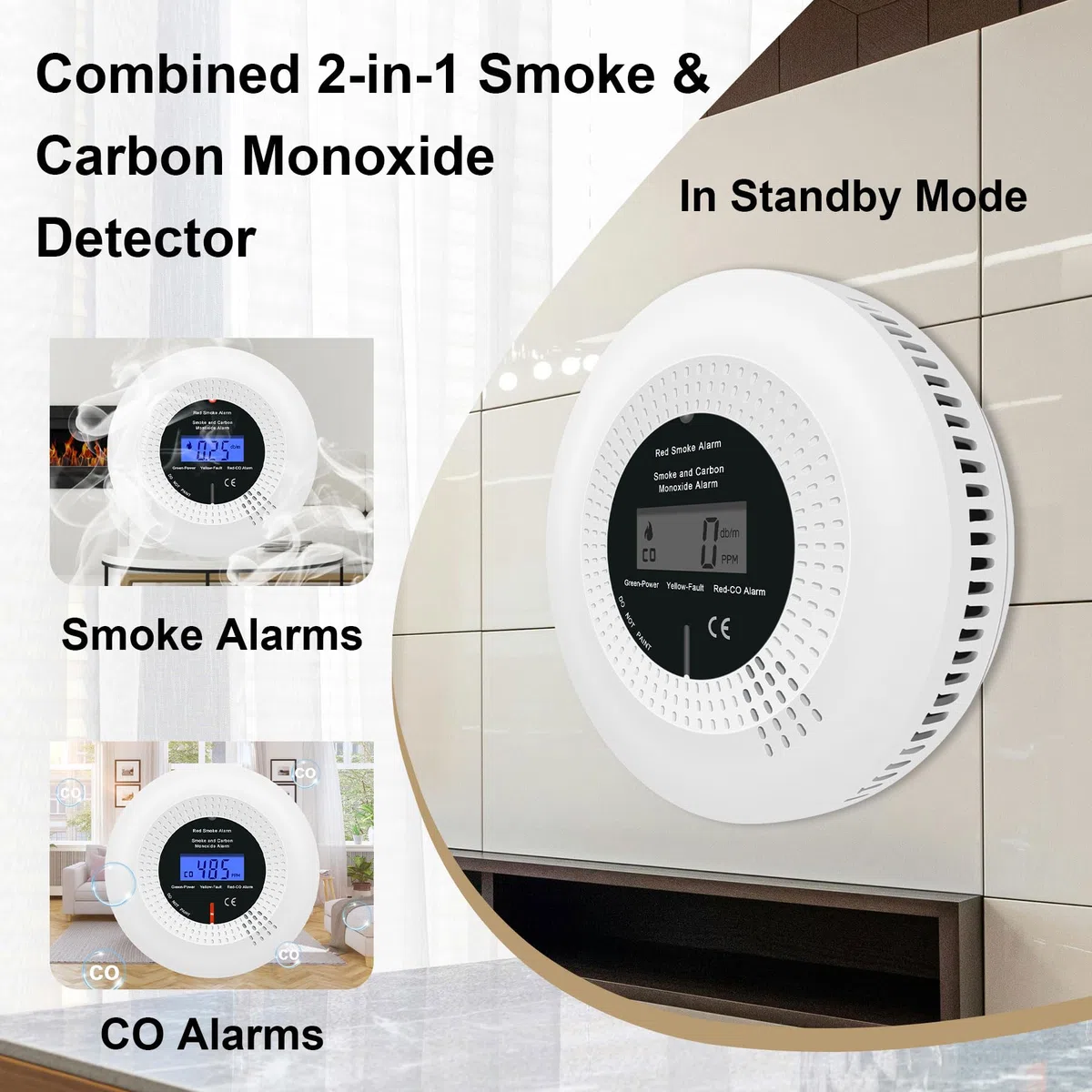 Detectores de humo y monóxido de carbono, alarmas combinadas de humo y monóxido de carbono para el hogar, con pantalla digital, aprobadas por EN 50291 y EN14604. 3 unidades