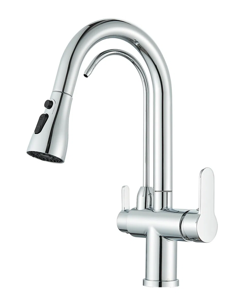 JUNSHENG - Grifo de cocina de 3 vías con filtro para el agua, grifo de cocina con ducha extraíble, giratorio 360°, 3 en 1, grifo, cromado