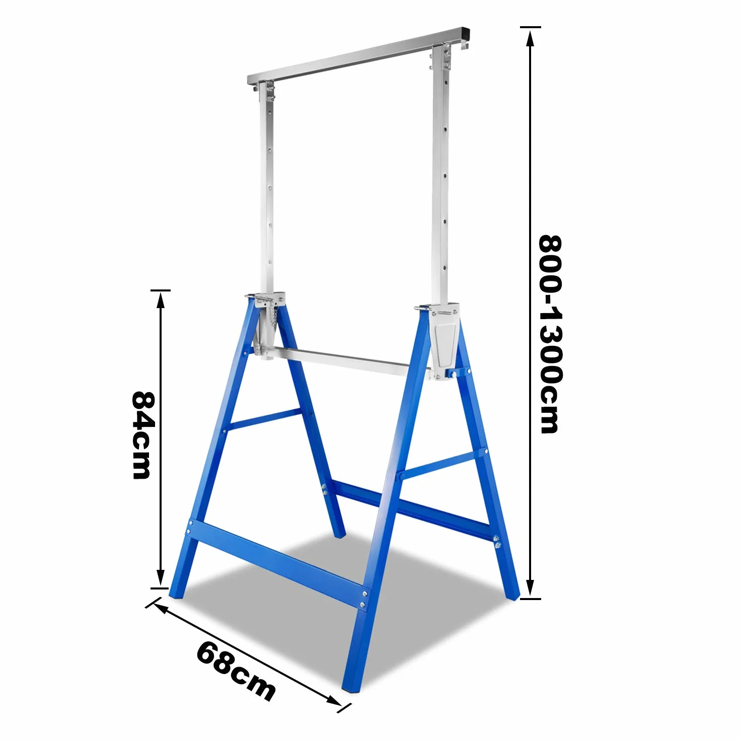 Jopassy Juego de 2 caballetes de trabajo, altura ajustable, plegable, capacidad de carga de 200 kg, estructura de metal, altura ajustable, 80 – 130 cm, soporte plegable (azul)