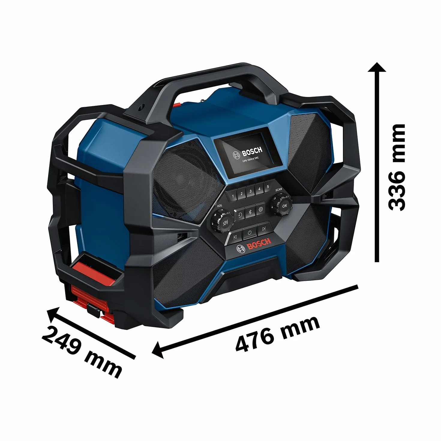 Bosch Professional 18V/12V System radio a batería GPB 18VH-6 SRC (carga interna para 18 V y 12 V, incl. abrebotellas, 2 pilas AAA, película protectora de pantalla, sin batería/cargador)
