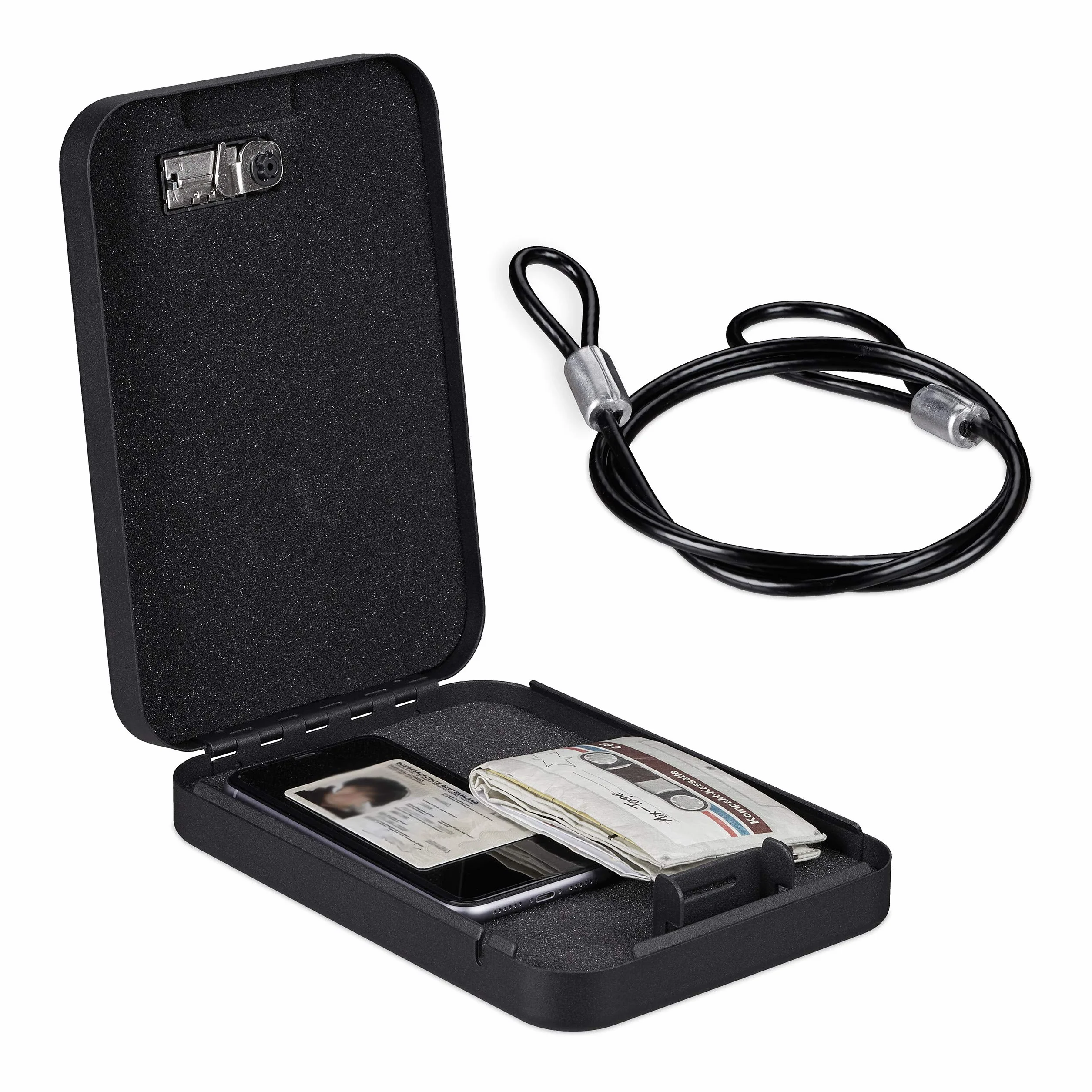 Relaxdays Caja Fuerte Portátil Seguridad Cerradura Combinación Cable Acero 4,5 x 17 x 24 cm Negro