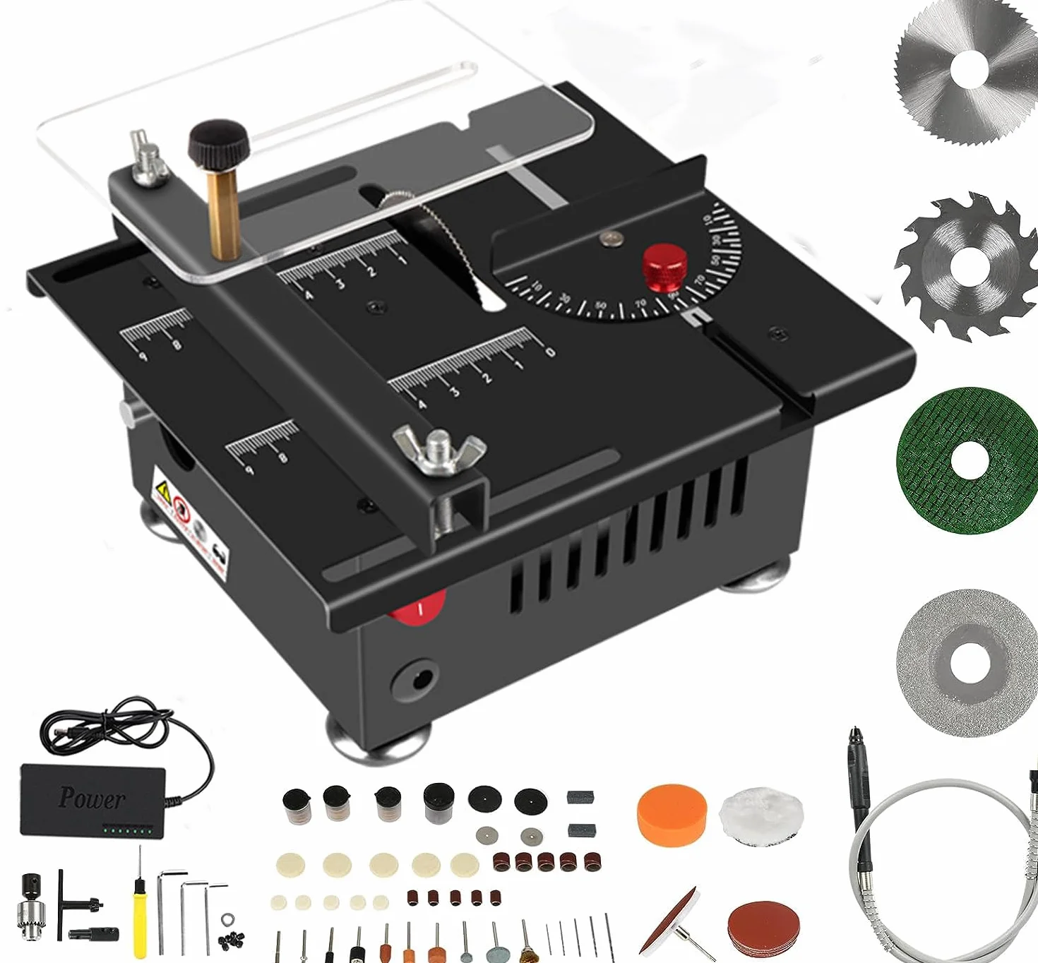 Sierra circular de mesa de 100 W, multifuncional, portátil, miniatura de precisión, sierra circular en miniatura con 4 cuchillas, 7 velocidades ajustables, hoja de sierra de 0,1-16 mm para artesanía
