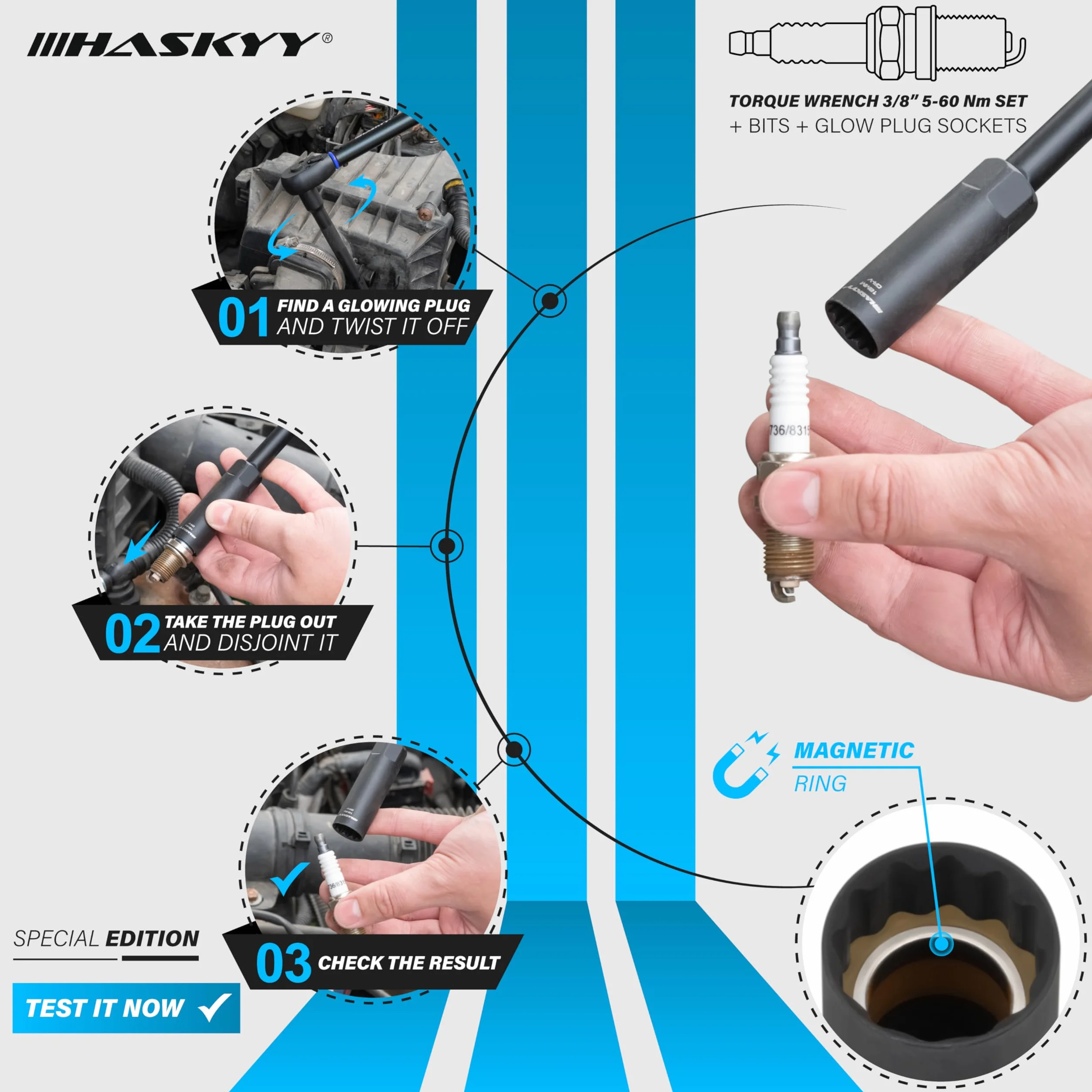 HASKYY Juego de llaves dinamométricas 3/8" 5-60Nm para motocicleta con accesorios - Llave dinamométrica, extensiones, adaptadores, bits - Herramienta de reparación de moto chopper - Serie negra
