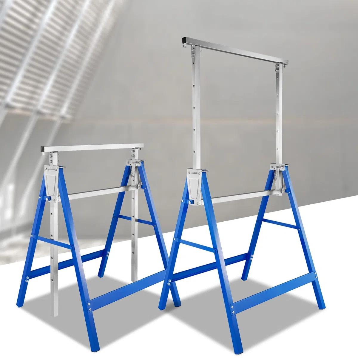 Jopassy Juego de 2 caballetes de trabajo, altura ajustable, plegable, capacidad de carga de 200 kg, estructura de metal, altura ajustable, 80 – 130 cm, soporte plegable (azul)