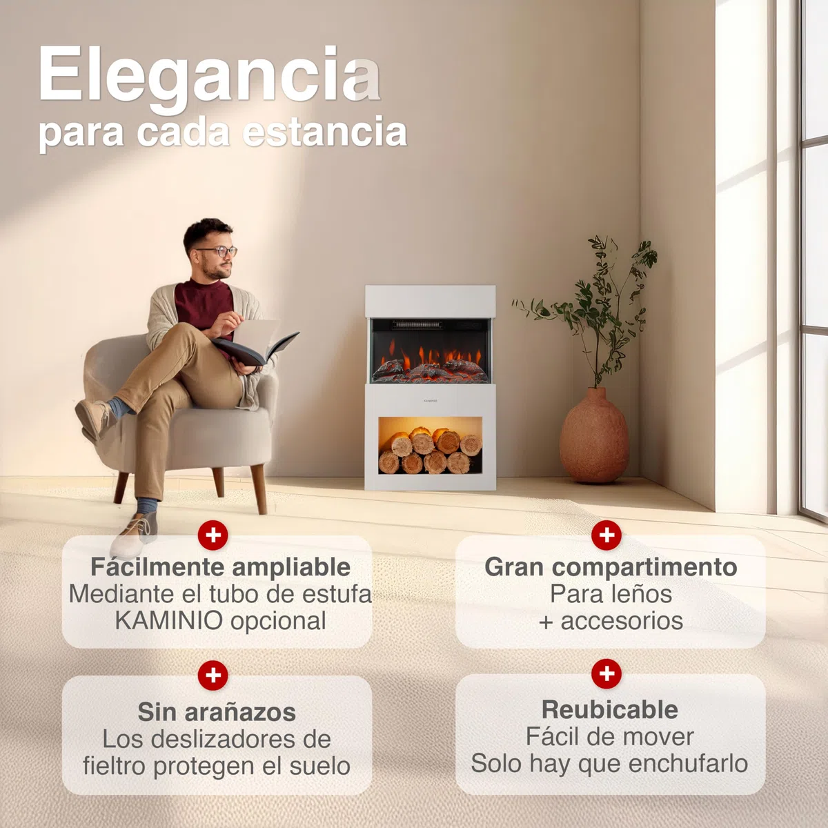 KAMINIO Eléctrica Chimenea Henri - Estufa de Chimenea eléctrica con calefacción, Efecto Llama 3D, LED, Control Remoto Blanco