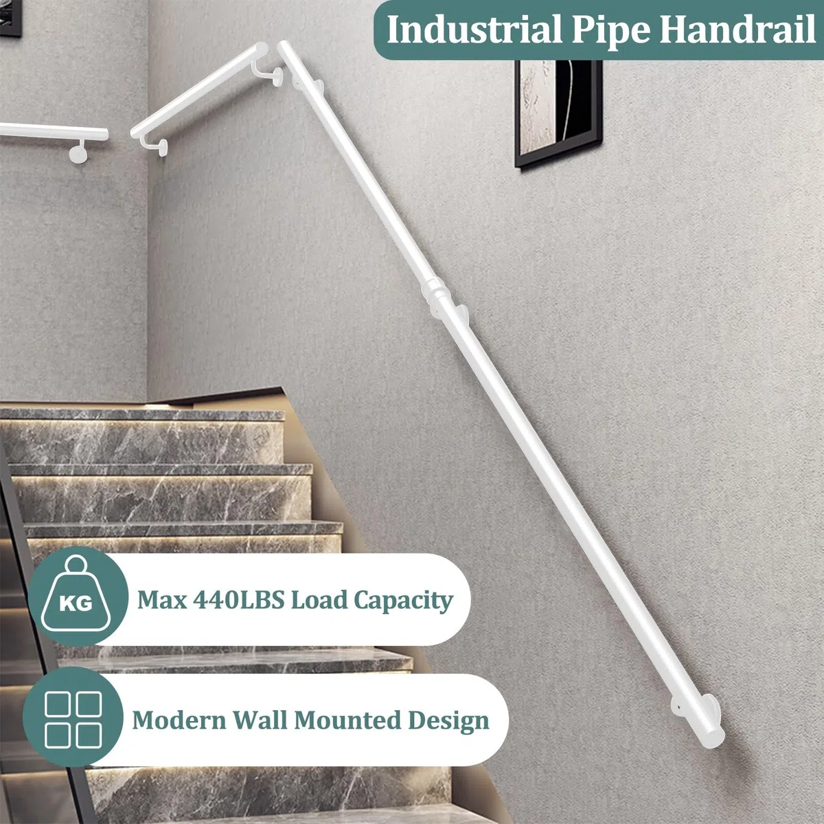 Pasamanos de escalera para interior y exterior, barandilla de escalera de tubo redondo de hierro galvanizado blanco con accesorios, barandilla de pared antideslizante(150cm)