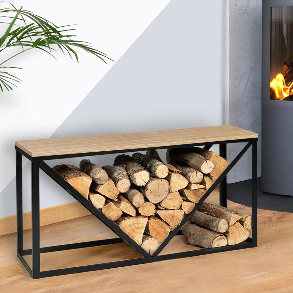 IDMarket - Portatroncos Horizontal Detroit acero negro diseño industrial para chimenea