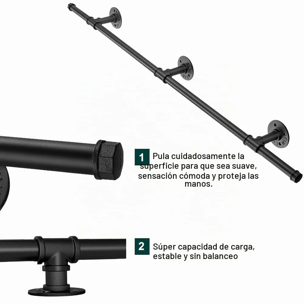 Pasamanos Escalera Exterior 4M Negro - Barandilla Interiores de Hierro Forjado Antideslizante para Pared y Loft - Tubería para Ancianos
