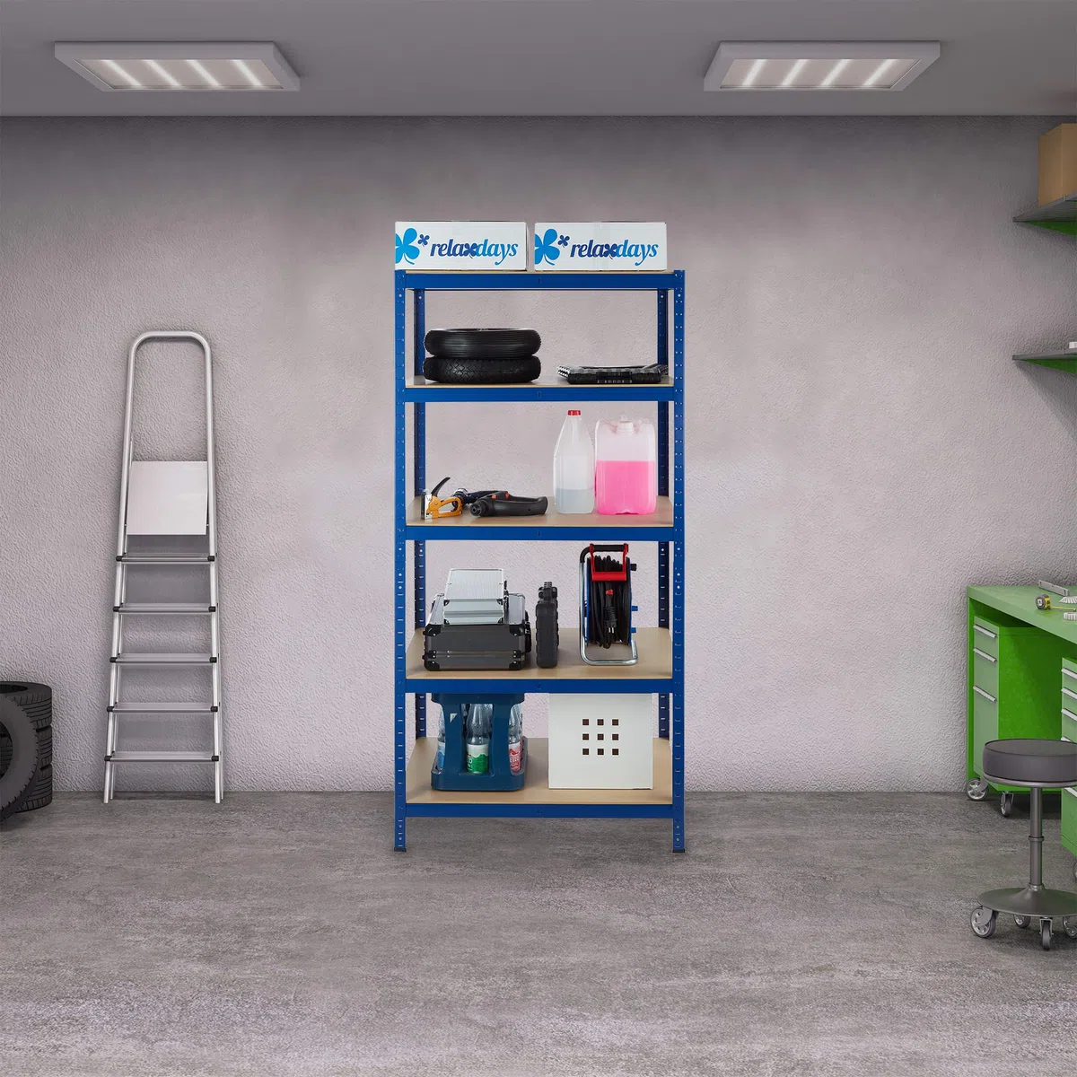 Relaxdays Estantería de almacén, 1325 kg, Cinco estantes, Ensamblaje, Organizador, Acero, 180 x 90 x 45 cm, Azul