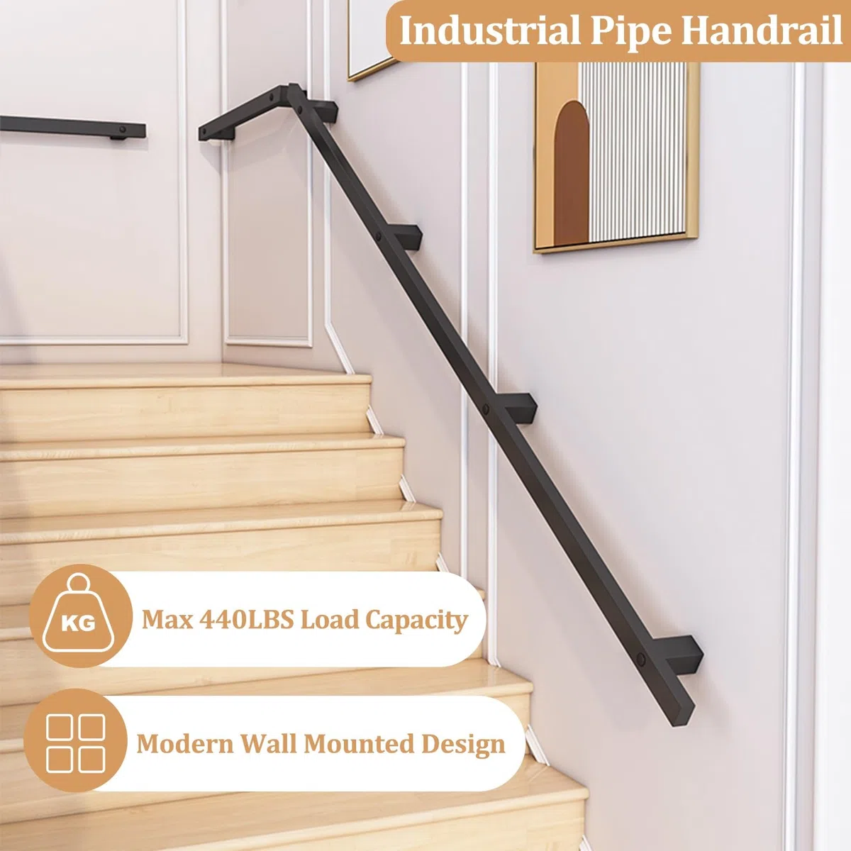 Pasamanos de pared para escaleras exteriores o interiores, 1m 1,5m 2m 2,5m 3m 6m barandilla de escalera antideslizante de hierro forjado moderno, barra de apoyo de tubo cuadrado negro(120cm)