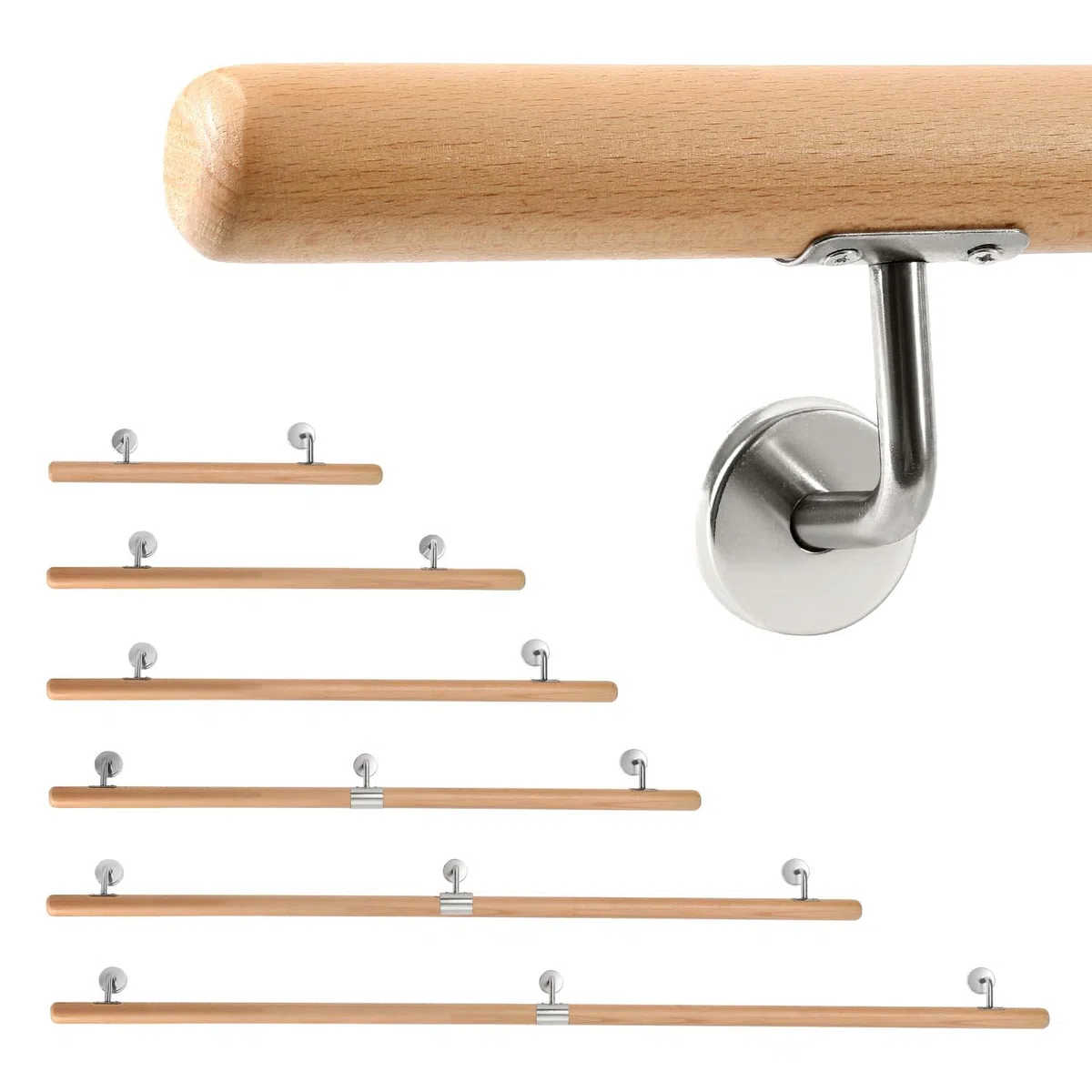 Pasamanos de madera, 150 cm, barandilla para escaleras, diámetro de 42 mm, pasamanos de pared, montaje lateral, incluye soportes de pared, material de montaje