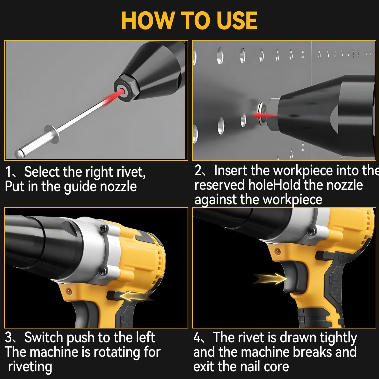 Pistola de remachar inalámbrica compatible con batería Dewalt 18V MAX, remache pop sin escobillas con 3 tamaños (0,3 cm, 5/32", 3/16") remaches de aluminio y luz LED, para metal