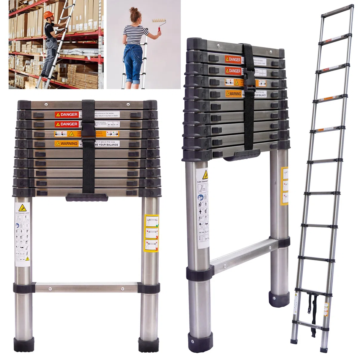 Escalera telescópica de 3,2 m de alto, extensible, de acero inoxidable, multiusos, de 150 kg, portátil, para trabajos de techo, decoración, certificación EN131