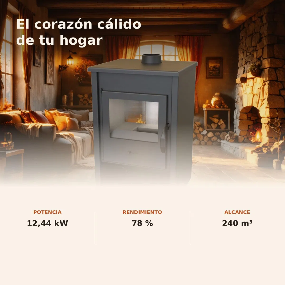 EIDER BIOMASA Estufa de Leña Minerva – 12,44 kW – Rendimiento 78% – hasta 240 m³ – Doble Combustión – Certificada CE
