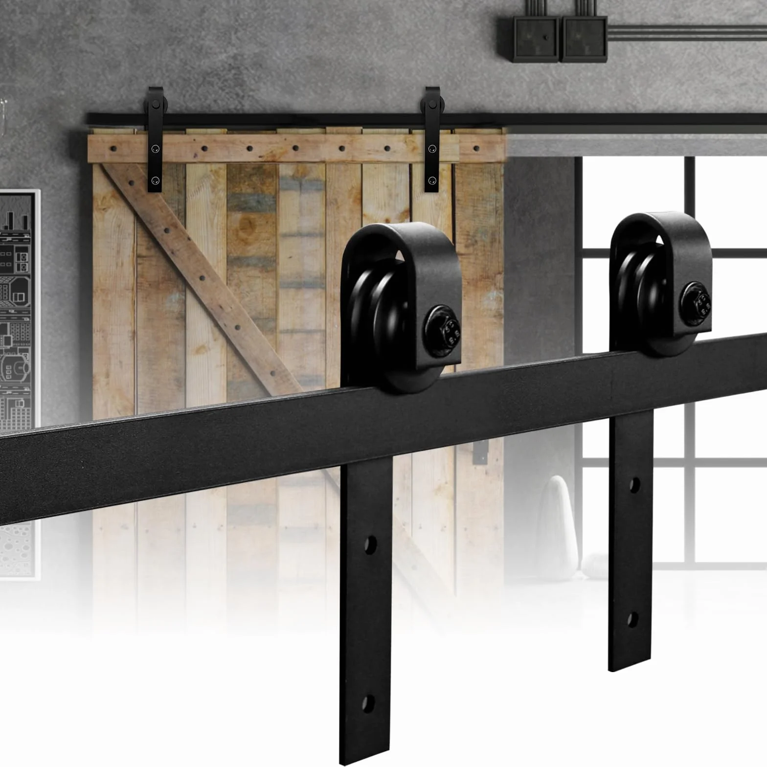 Jopassy 183cm (6FT) Juego de herrajes para puertas correderas, Kit de sistema de puerta corredera, Puertas correderas capacidad de carga 150kg, Riel de puerta corredera para puerta individual de
