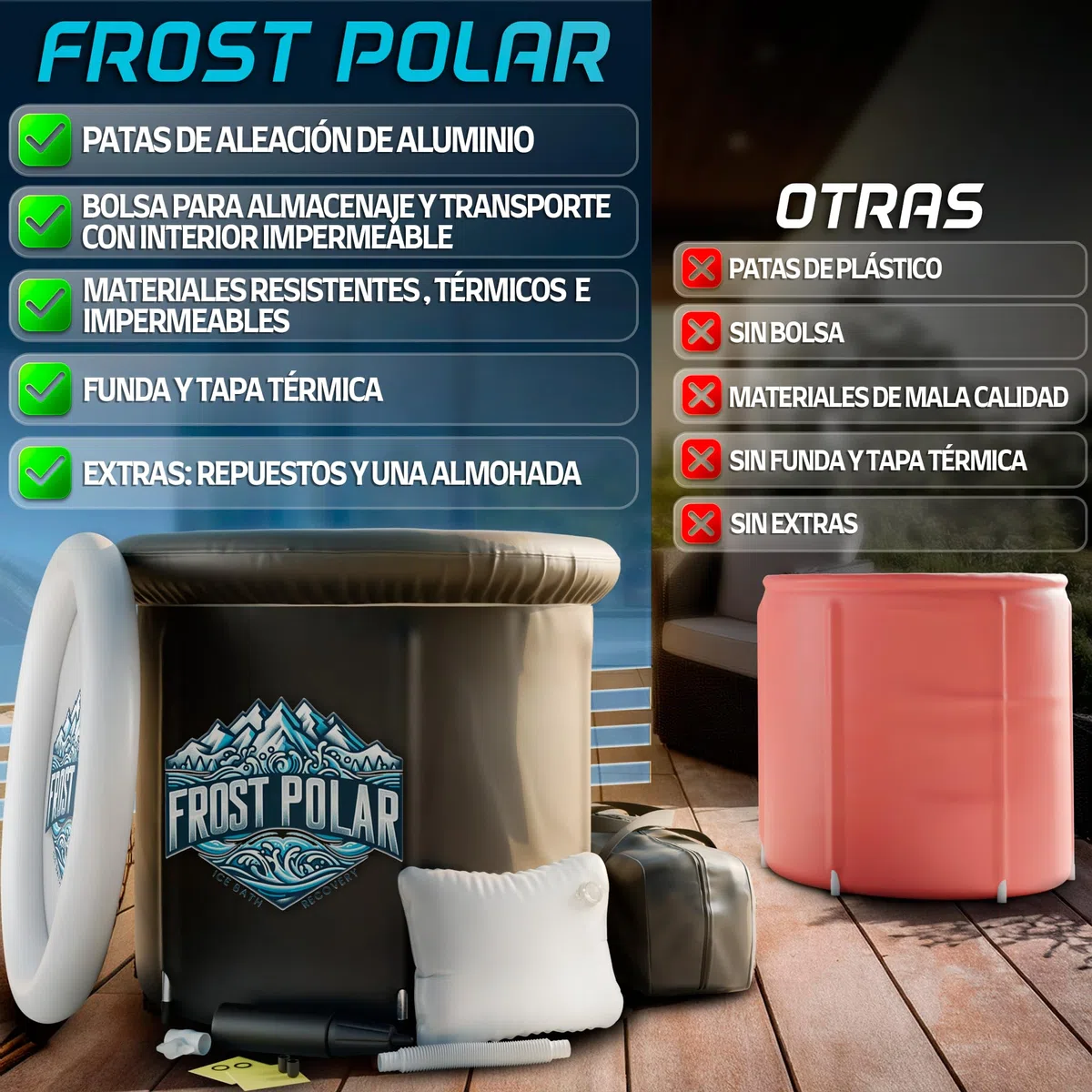 FROST POLAR - Bañera Hielo Recuperacion 350 Litros - Ice Bath 80 cm x 85 cm Soportes de Aleacion de Aluminio - Bañera Agua Fria Incluye, Almohada, Bolsa Almacenaje Impermeable y Recambios.