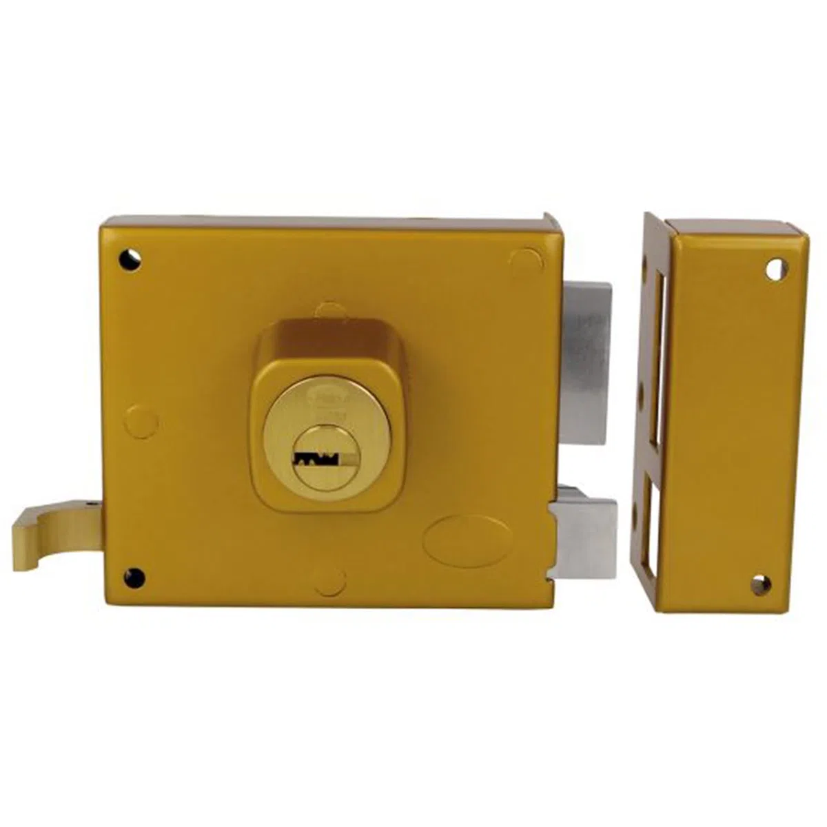 Amig - Cerradura de Sobreponer de Derecha con Palanca de Cierre, Lengüeta y Tirador para Puertas de Madera Mod. 72-100 x 85 mm - Pestillo Con Cilindro Redondo - Acero Esmaltado Oro