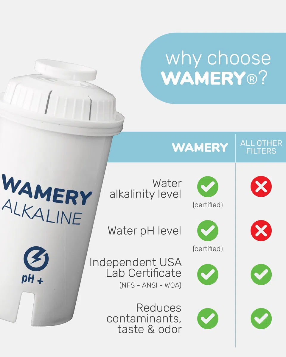 Wamery Reemplazo del Filtro de Agua 3-Pack. Se Adapta a jarras Brita. Purificador y Ionizador. Certificado NSF/ANSI. Reduce el Cloro y los Metales Duros del Agua.