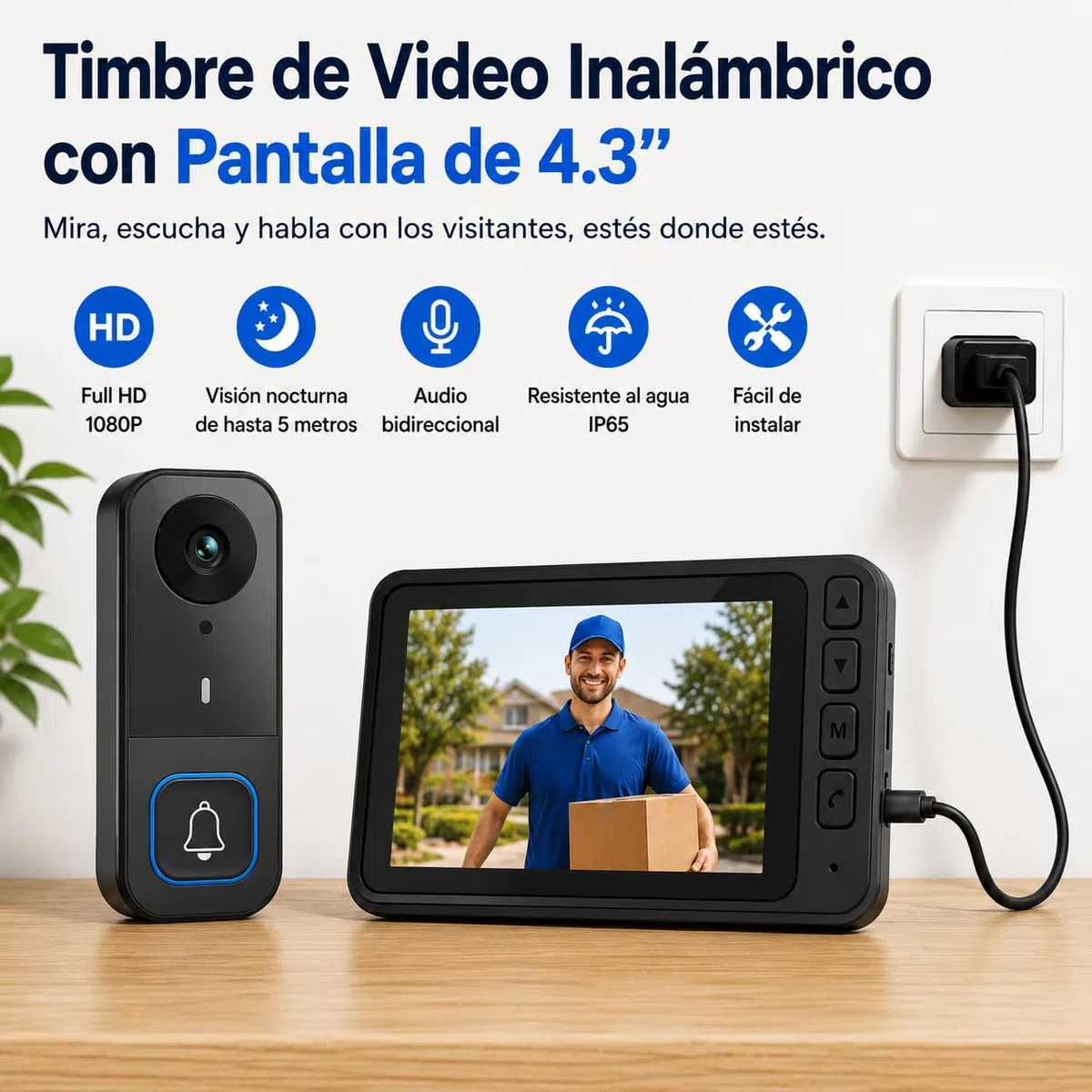 Winnes Videoportero Inalámbrico con Pantalla IPS de 4,5”, Timbre sin WiFi ni App, Comunicación Bidireccional, Visión Nocturna Infrarroja, Grabación Local, Alcance 120 m