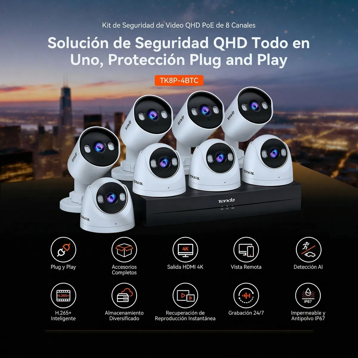 Tenda 4MP 8CH PoE Kit Cámaras de Vigilancia, Cámaras IP Seguridad PoE Exterior, 8CH NVR con 1TB HDD para Grabación 24/7, Detección Humana AI, IP67 Impermeable, TK8P-4BTC