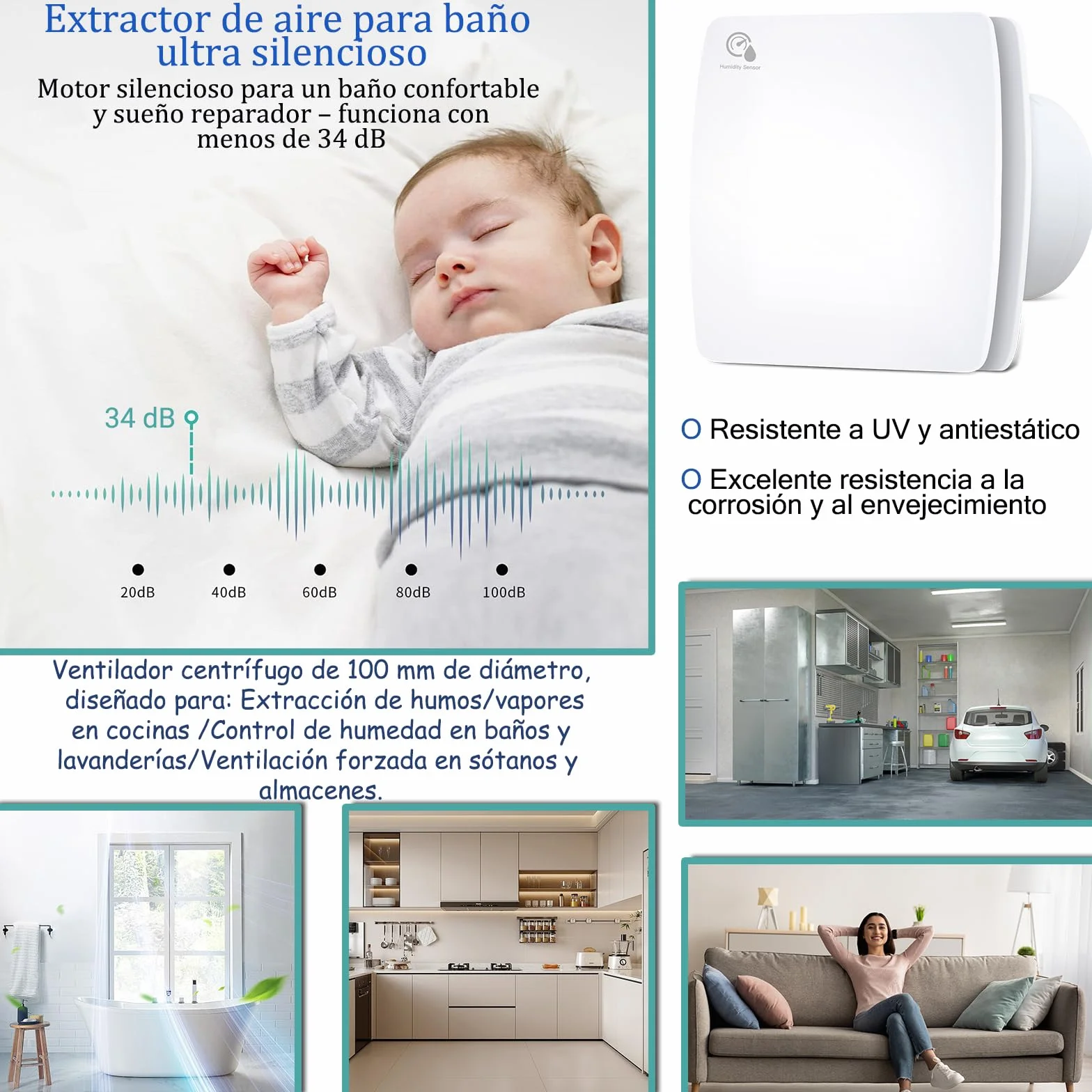 100 mm Ventilador Extractor de Baño con Sensor de Humedad y Temporizador Ventilador Silencioso ≤34 dB, Válvula Antirretorno, 95 m³/h Montaje en Pared,Techo o Ventana para Baño,Cocina,Inodoro