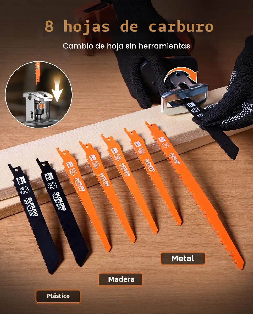 Sierra de sable con batería 21V, Sierra Sable Inalámbrica con 2 baterías de 4,0 Ah, 0-3300 spm, 8 hojas de sierra, cambio de hoja sin herramientas, para cortar madera y metal