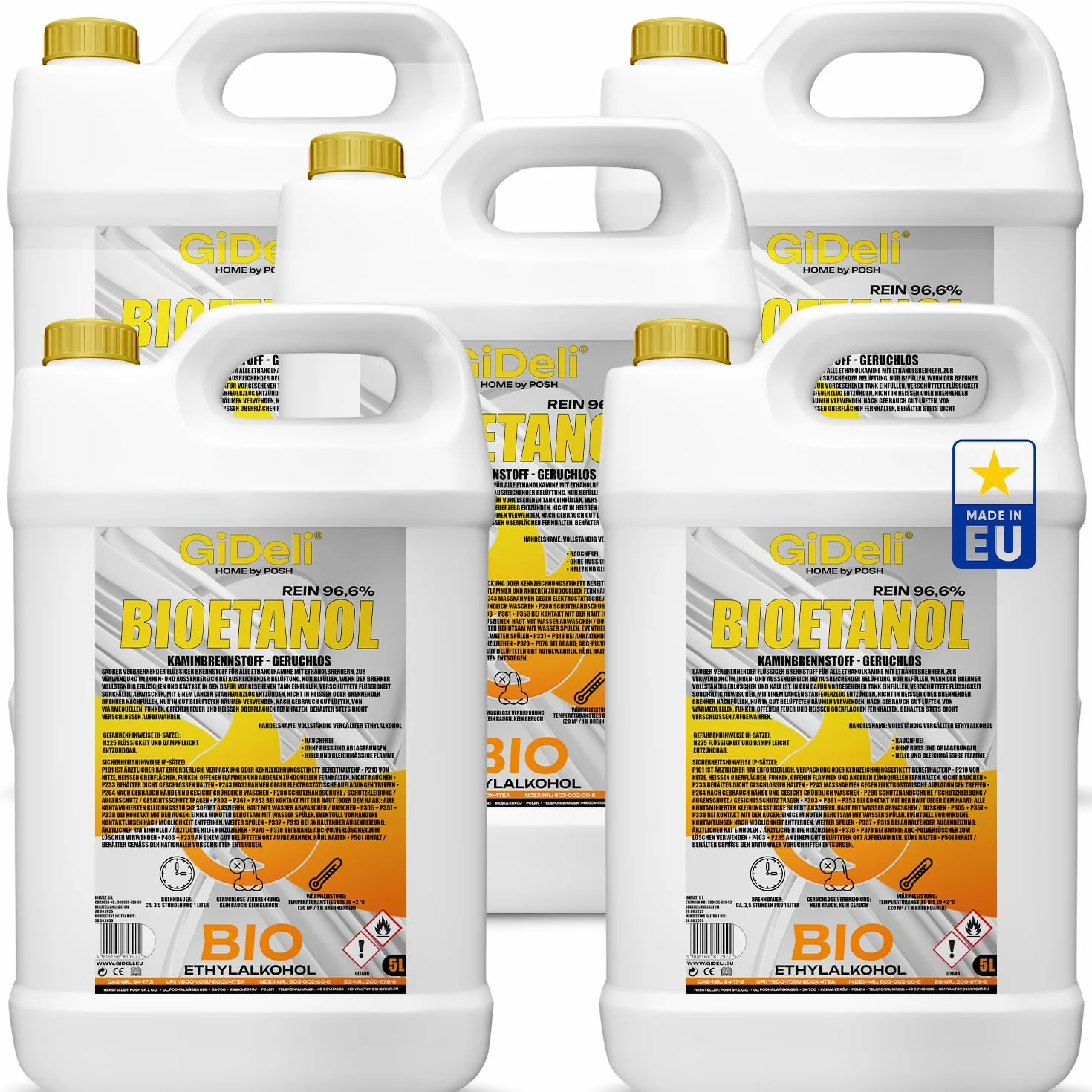 GiDeli Bioetanol 25L etanol 96,6% alcohol orgánico inodoro combustión limpia para chimenea interior y exterior
