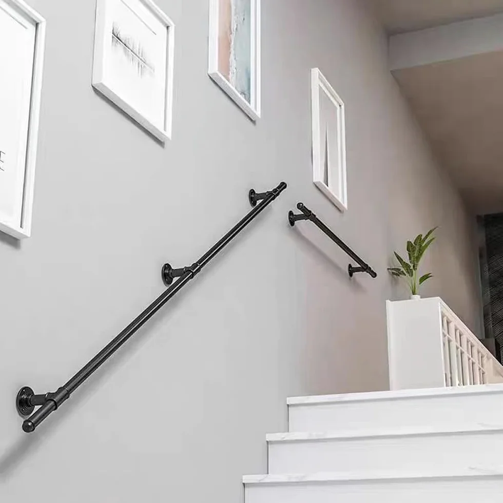 Pasamanos Escalera Exterior 4M Negro - Barandilla Interiores de Hierro Forjado Antideslizante para Pared y Loft - Tubería para Ancianos