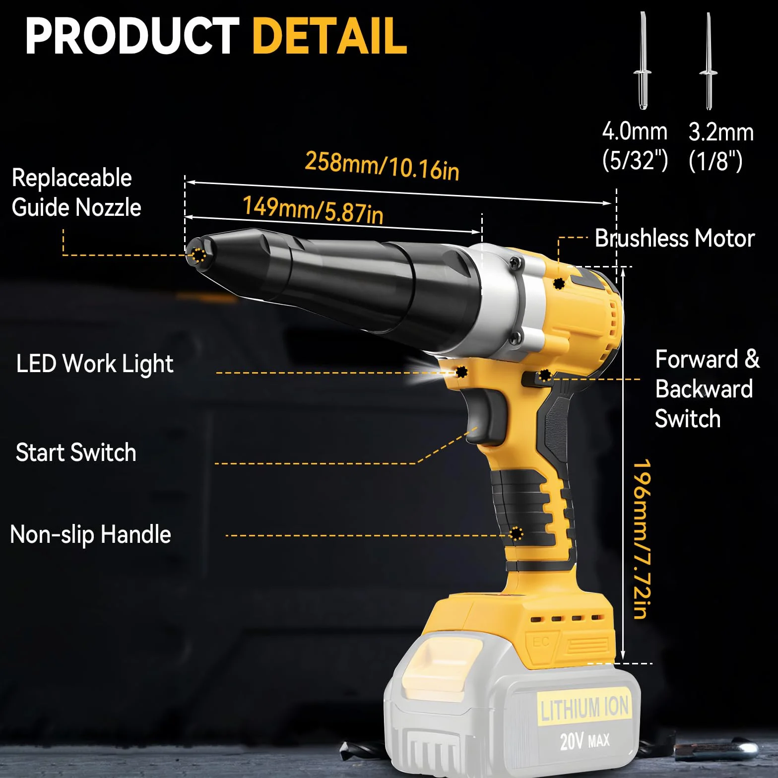 Pistola de remachar inalámbrica compatible con batería Dewalt 18V MAX, remache pop sin escobillas con 3 tamaños (0,3 cm, 5/32", 3/16") remaches de aluminio y luz LED, para metal