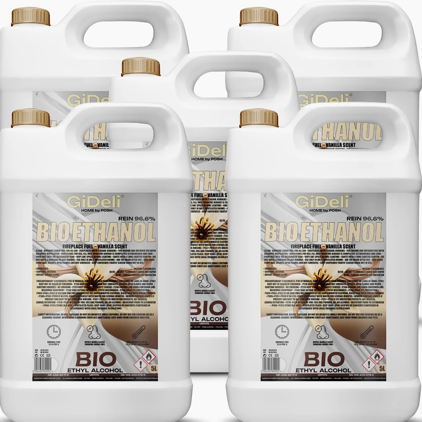 GiDeli Bioetanol 5 x 5 l de aroma de vainilla 96,6% etanol para chimeneas interiores y exteriores, sin humo ni hollín, de maíz y remolacha azucarera