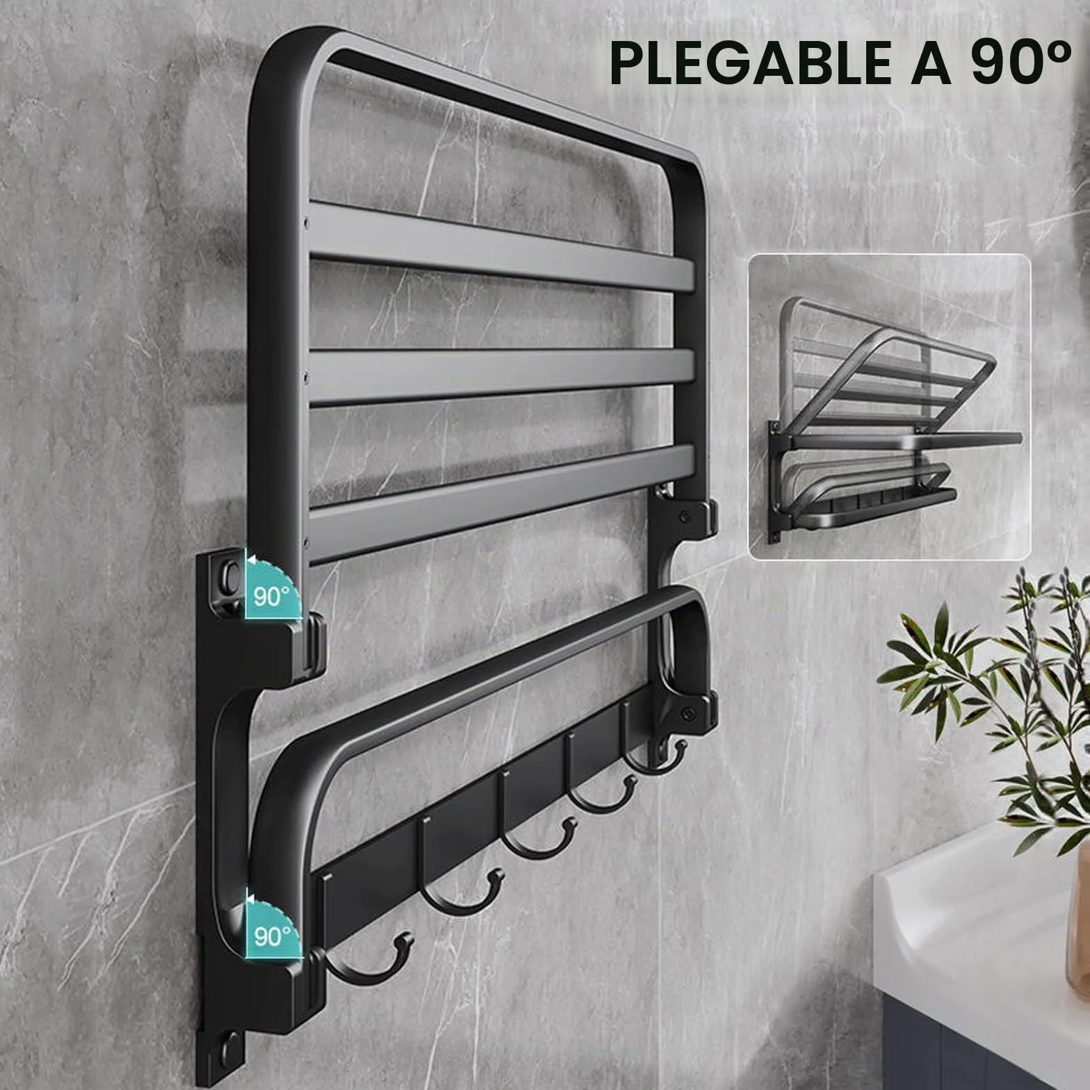 Toallero adhesivo de pared 58 cm negro, con 5 ganchos, para baño y cocina sin taladrar
