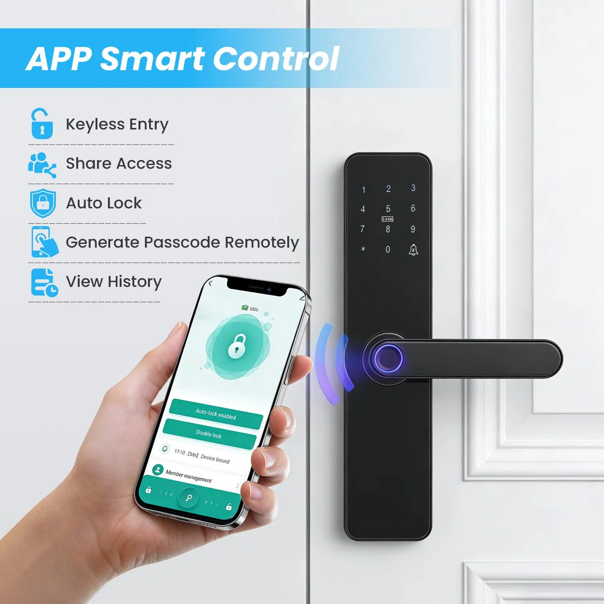 Cerradura Inteligente 6 en 1: Huella, App y código – para Puertas de Madera, Bluetooth, Acceso Remoto, contraseñas temporales, Montaje DIY, Compatible con Tuya Smart Life