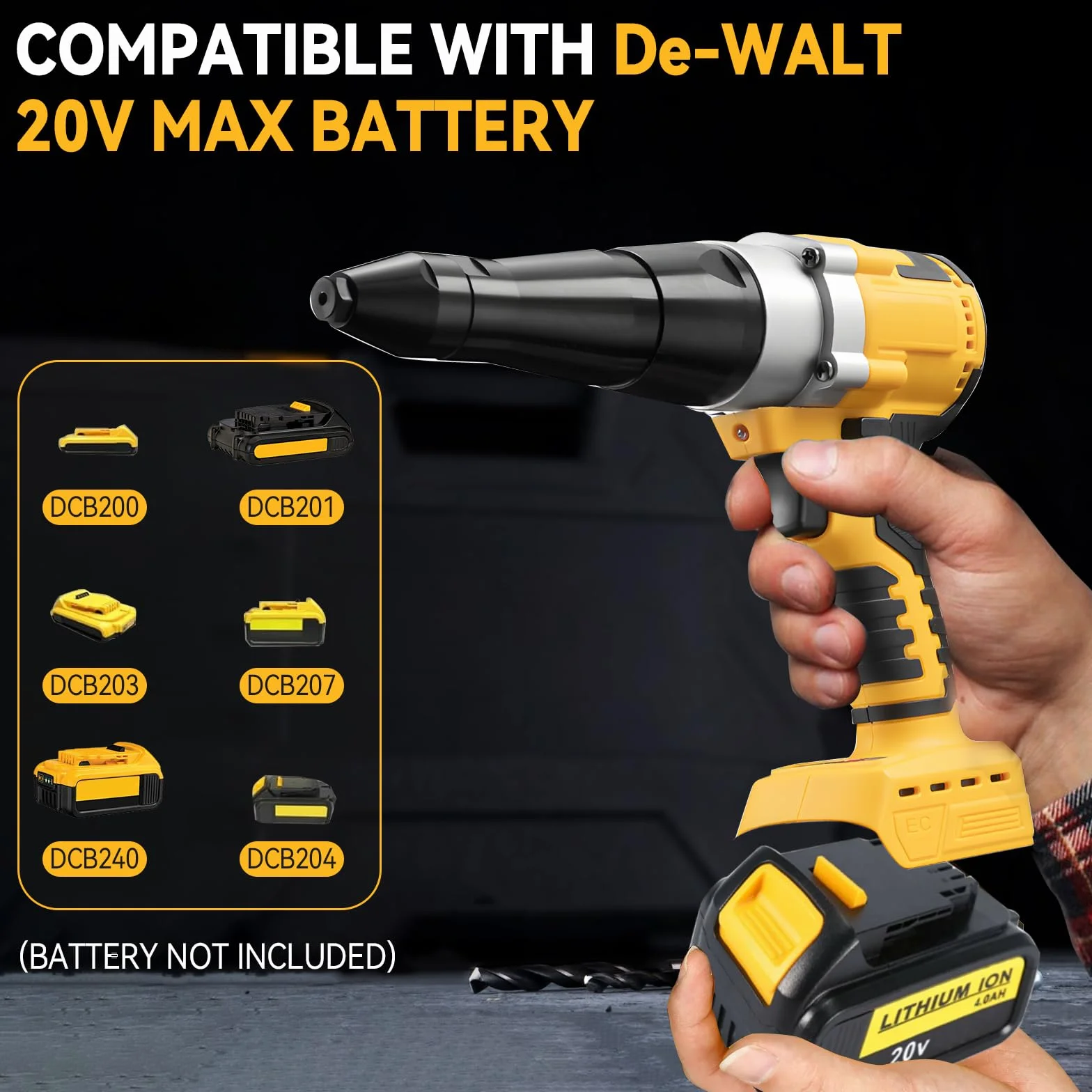Pistola de remachar inalámbrica compatible con batería Dewalt 18V MAX, remache pop sin escobillas con 3 tamaños (0,3 cm, 5/32", 3/16") remaches de aluminio y luz LED, para metal