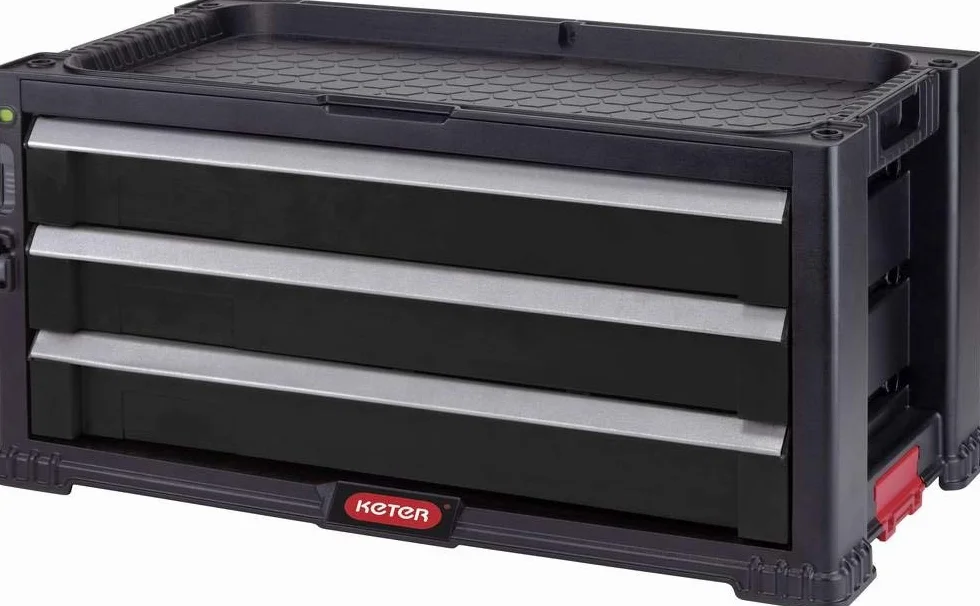 Keter - Juego de 3 cajones extensible para herramientas pequeñas y grandes, ruedas giratorias extraíbles con frenos, cierre centralizado, 56,2 x 28,9 x 26,2 cm, color negro