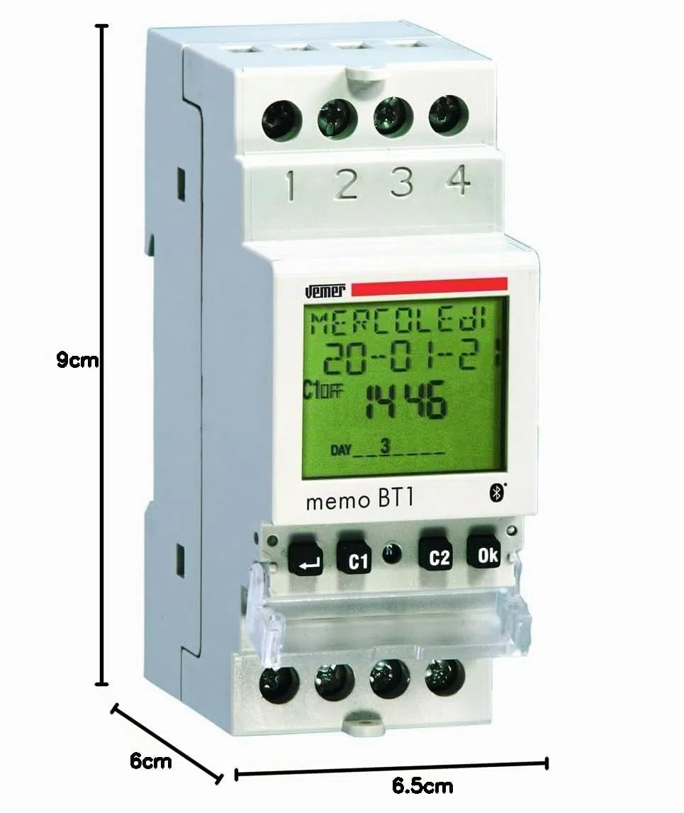VEMER VE767600 MEMO BT1 – Interruptor Horario Digital y Astronómico, Temporizador con Bluetooth y App para Smartphone, 1 Canal, Montaje en Carril DIN, Blanco
