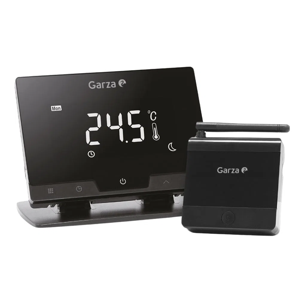 Garza - Termostato de 2 Hilos Wi-Fi Inteligente para Caldera y Calefacción, con Adaptador, Medidor Consumo, Control táctil, Detección Ventanas Abiertas, Control App y Voz, Alexa/Google